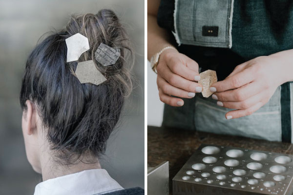 Close up image of custom design hair piece and a second image of Monica crafting in her studio